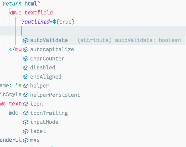 Captura de tela de um ambiente de desenvolvimento integrado mostrando sugestões do intellisense.