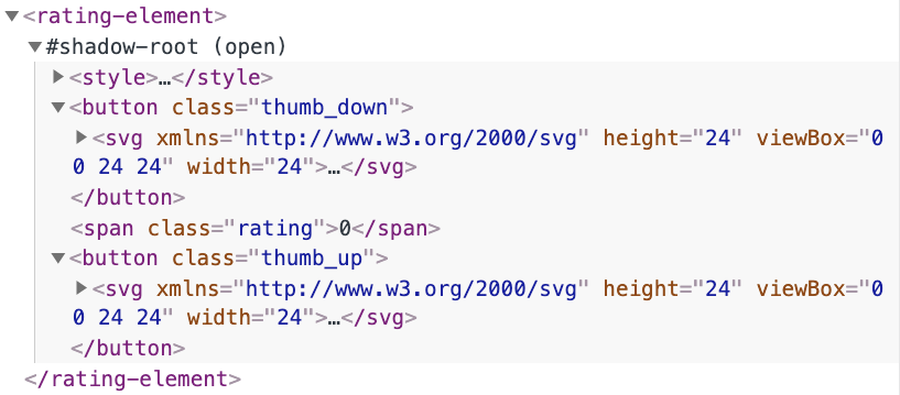 Дерево dom в инспекторе Chrome. Существует <rating-element> с #shadow-root (open) в качестве дочернего элемента и предыдущим DOM внутри этого теневого корня.