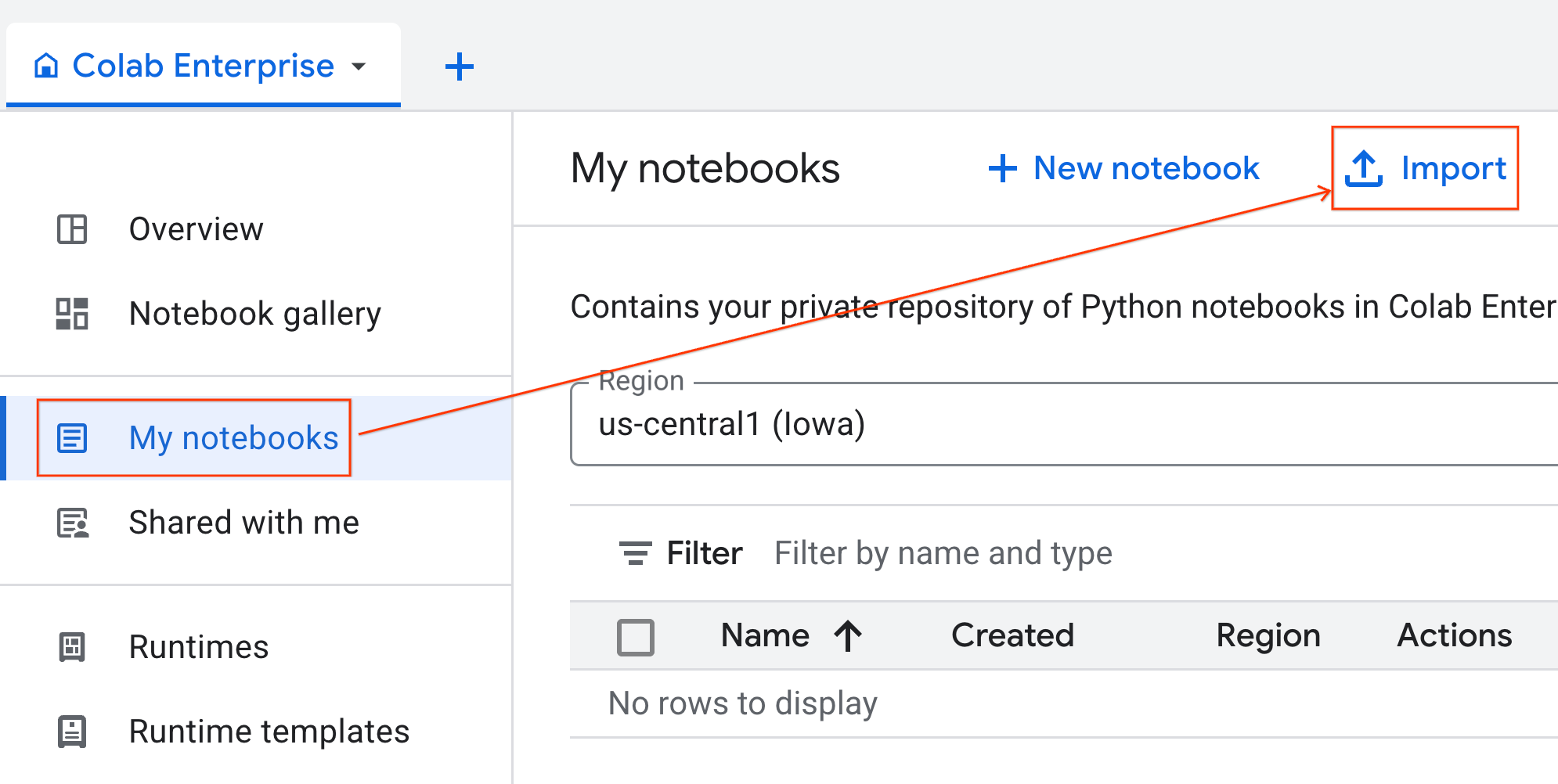 פתיחה של חלונית הייבוא של Notebook