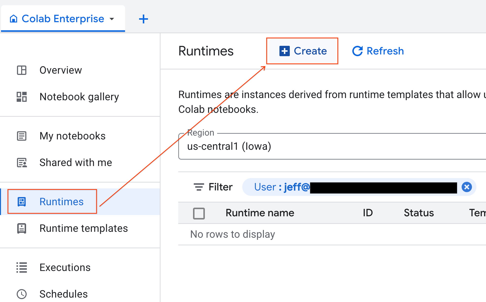 Apre il menu di creazione del runtime