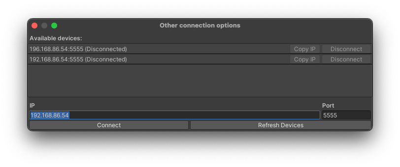 Other Connections window open. An IP address is entered.