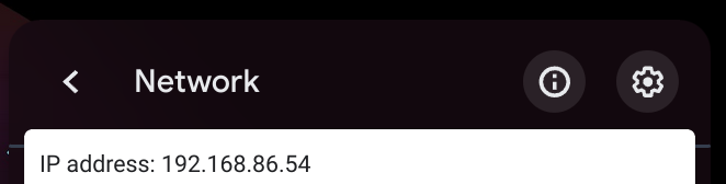 The network info button is clicked, showing the IP address.