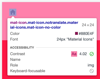 Công cụ của Chrome cho nhà phát triển kiểm tra phần tử của nút Trang chủ có đủ độ tương phản