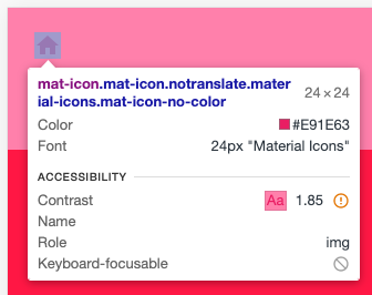 Công cụ của Chrome cho nhà phát triển kiểm tra phần tử của nút Màn hình chính có độ tương phản thấp