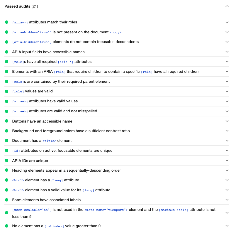 স্ক্রিন রিডার ARIA কন্ট্রোলের জন্য পাসিং অডিট সহ Chrome DevTools Lighthouse অডিট।