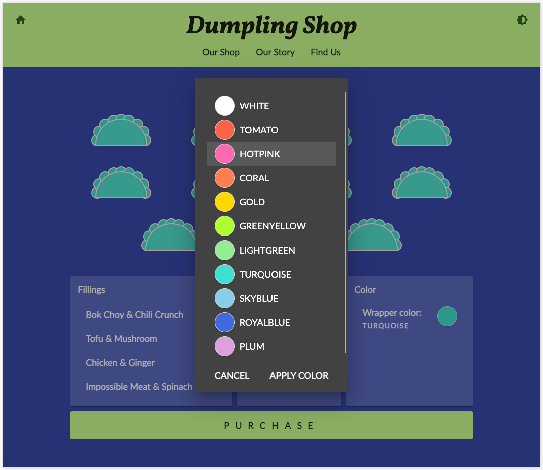 Dumpling Time shop website in purple and green theme with dialog open to select the dumpling wrapping color