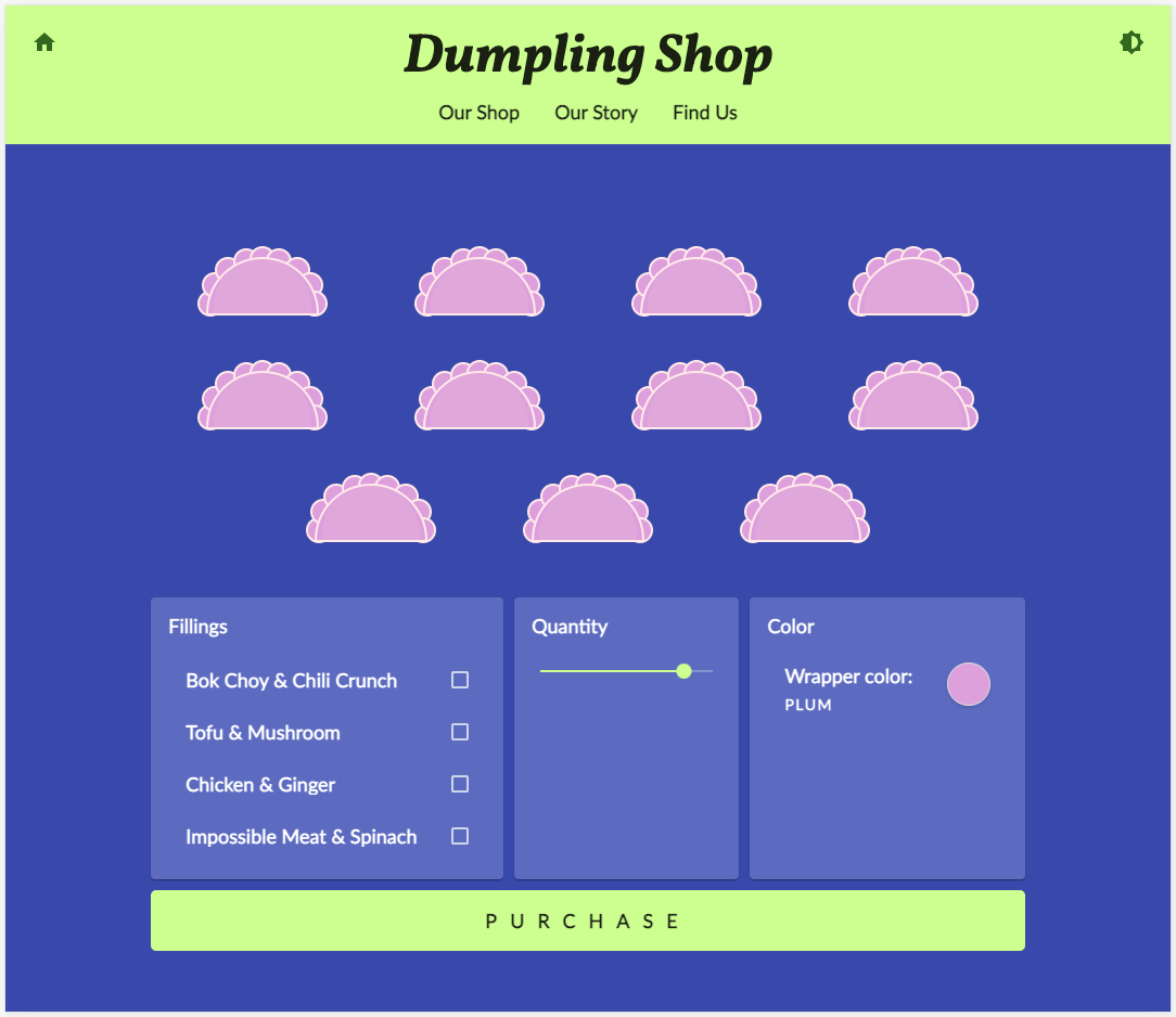 Mor ve yeşil temalı Dumpling Time mağazası web sitesi