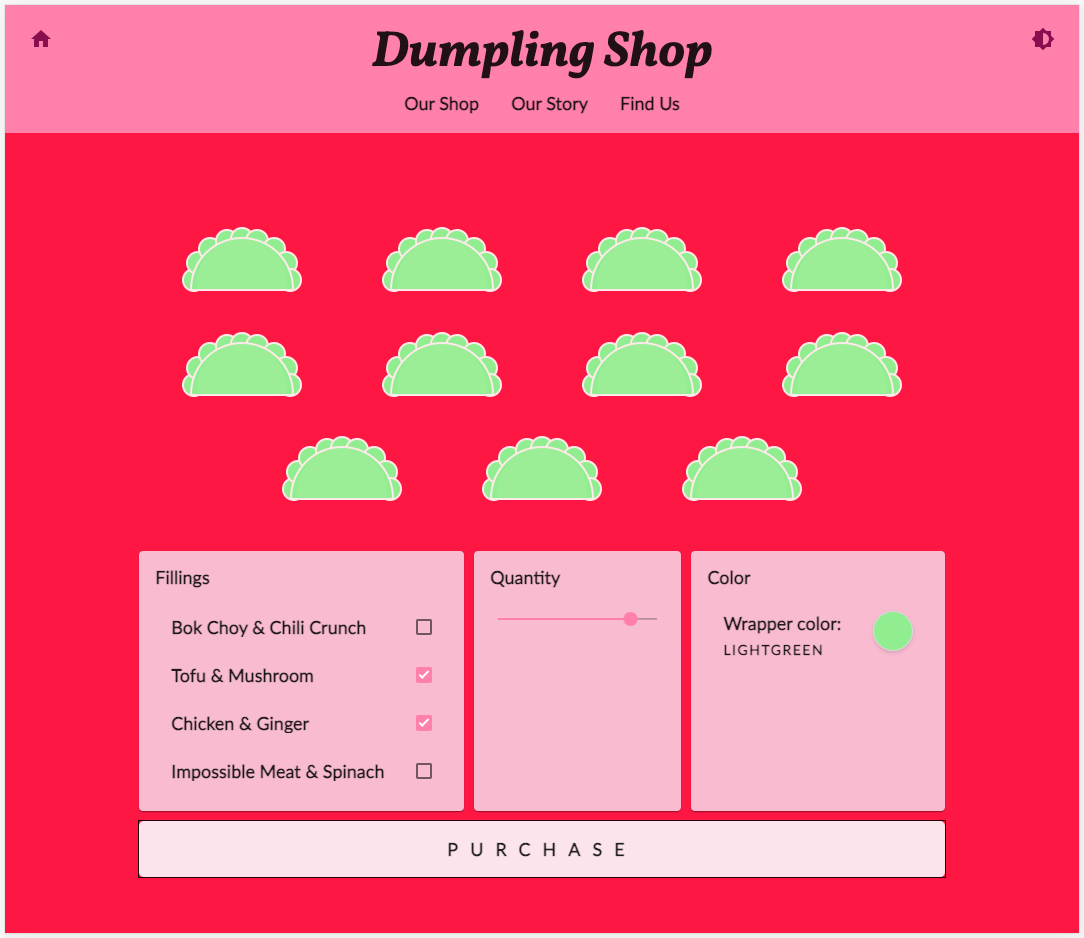 Shop-Website „Dumpling Time“ im rot-rosa Design mit aktiviertem Modus mit hohem Kontrast und der Schaltfläche „Kaufen“ mit einem starken roten Umriss hervorgehoben 