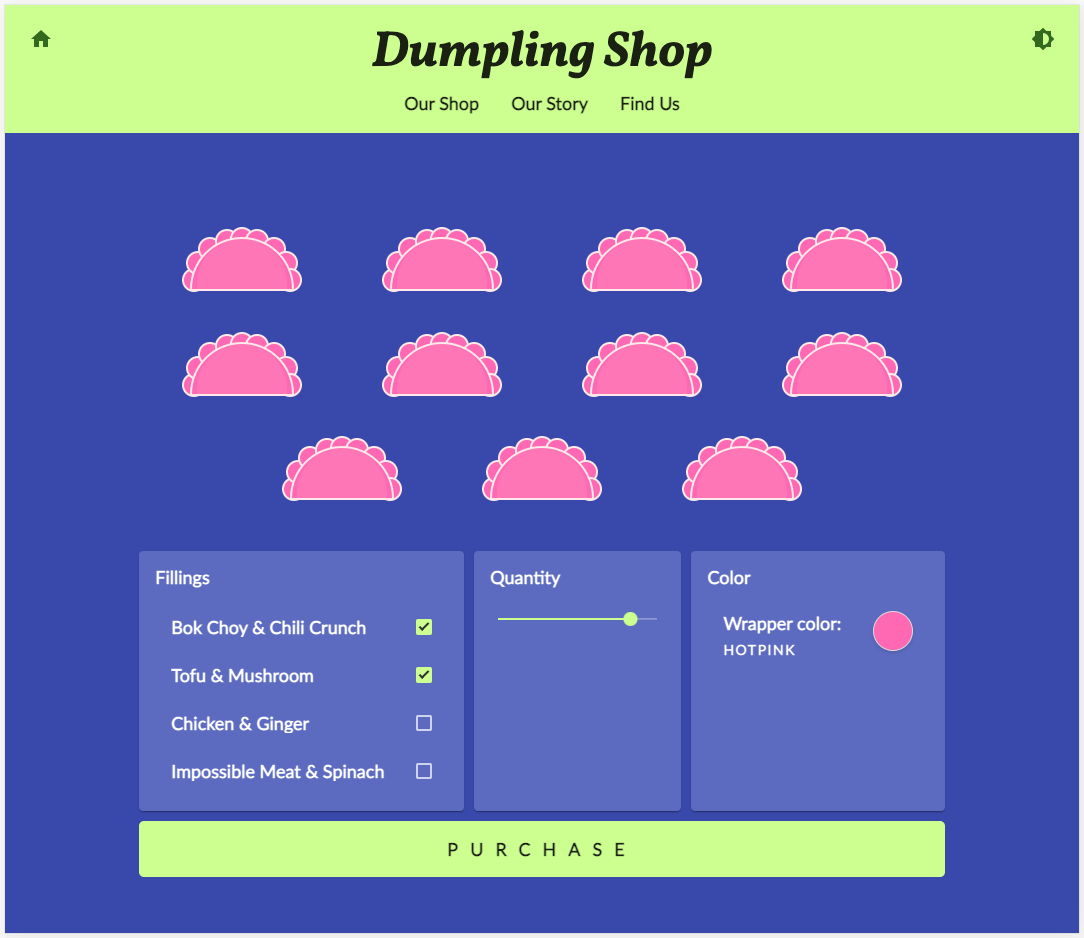 Die Dumpling Time-Shop-Website im blau-grünen Design mit allen Änderungen, die in diesem Codelab vorgenommen wurden