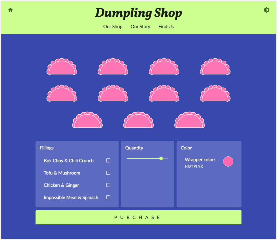 Mor ve yeşil temalı Dumpling Time mağazası web sitesi