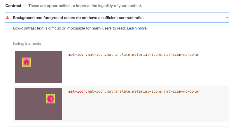 ผลการตรวจสอบ Lighthouse ของ Chrome DevTools ที่มีข้อผิดพลาด: &quot;สีพื้นหลังและสีพื้นหน้ามีอัตราส่วนคอนทราสต์ไม่เพียงพอ&quot;