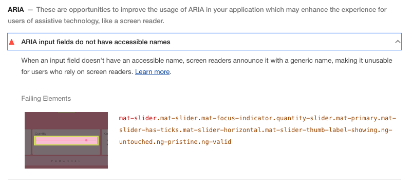 Wyniki audytu Lighthouse w narzędziu DevTools w Chrome z błędem:  pola do wprowadzania danych ARIA nie mają nazw na potrzeby ułatwień dostępu. Gdy pole do wprowadzania danych nie ma nazwy na potrzeby ułatwień dostępu, czytniki ekranu określają je nazwą ogólną, przez co jest ono bezużyteczne dla ich użytkowników. Więcej informacji