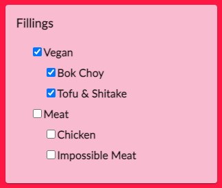 Kästchenmenü für Füllungen mit Optionen: Füllungen, veganer Bok Choy Tofu und Shitake Meat Chicken Impossible Meat