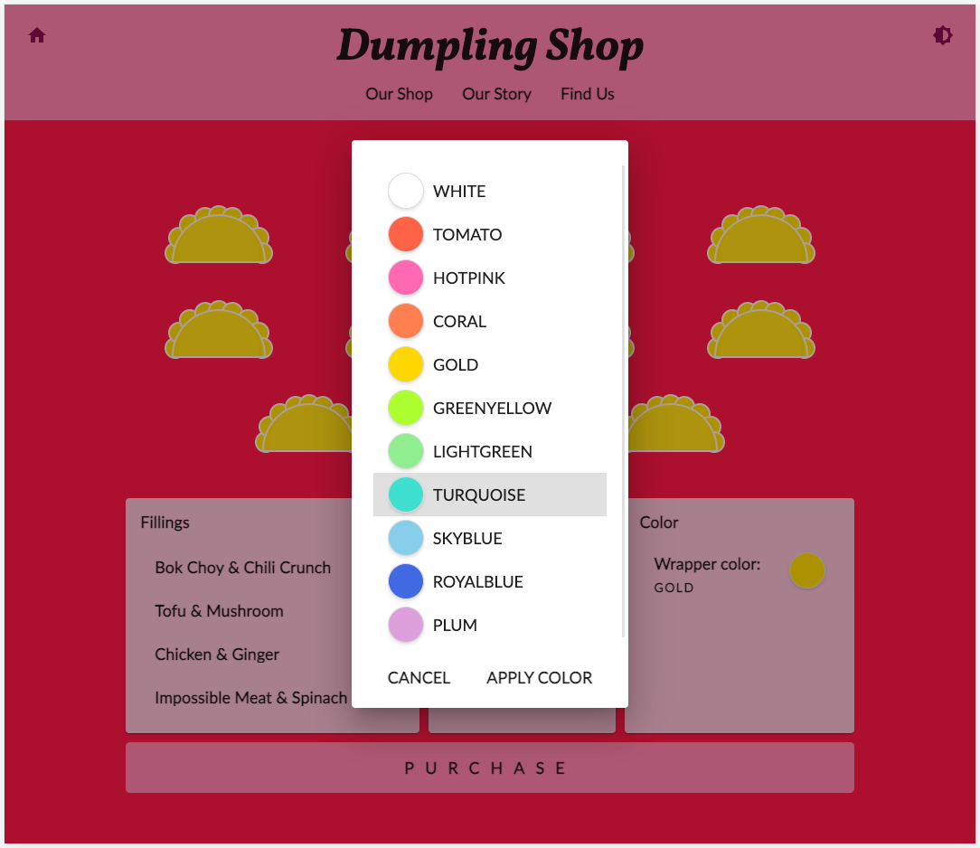 Dumpling Time-Shop-Website im rosa-roten Design mit geöffnetem Dialogfeld zur Auswahl der Farbe der Verpackung für Dumplings