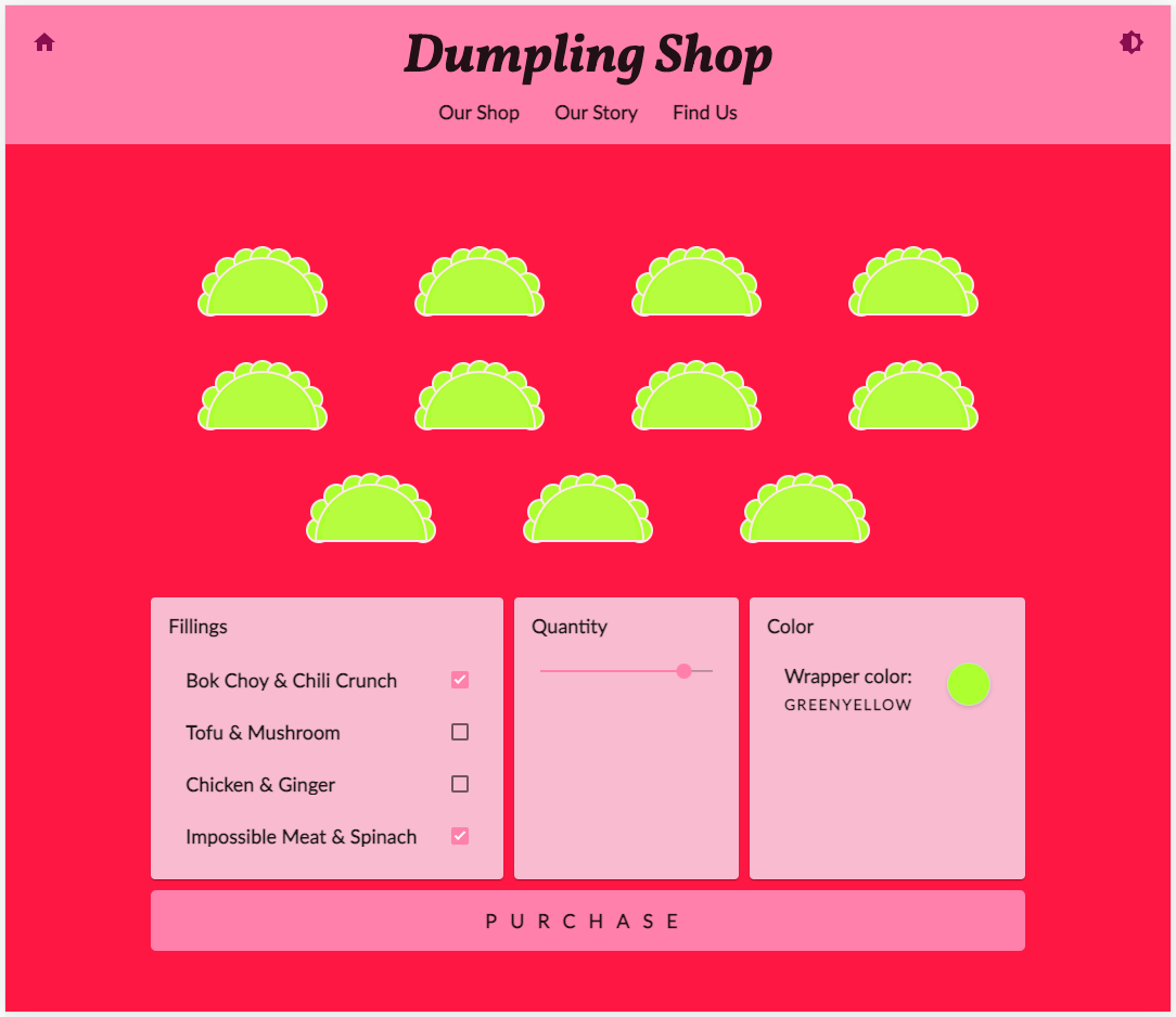 Die Website des Dumpling Time-Shops im roten und rosafarbenen Design mit allen Änderungen, die in diesem Codelab vorgenommen wurden