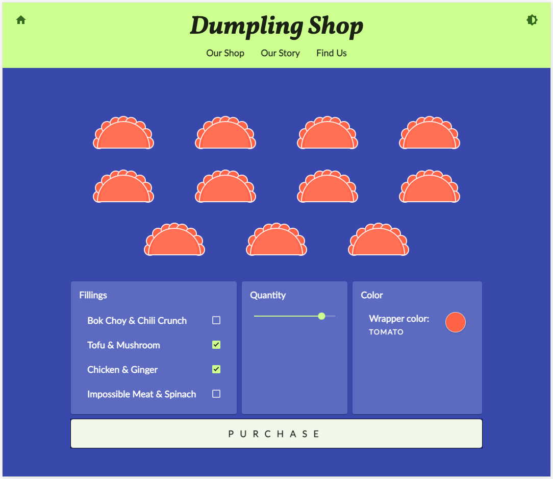 เว็บไซต์ร้านค้า Dumpling Time ในธีมสีน้ำเงินและเขียวโดยเปิดโหมดคอนทราสต์สูง และตอนนี้ปุ่มซื้อดึงดูดความสนใจอย่างมากด้วยเส้นขอบสีน้ำเงินหนา 