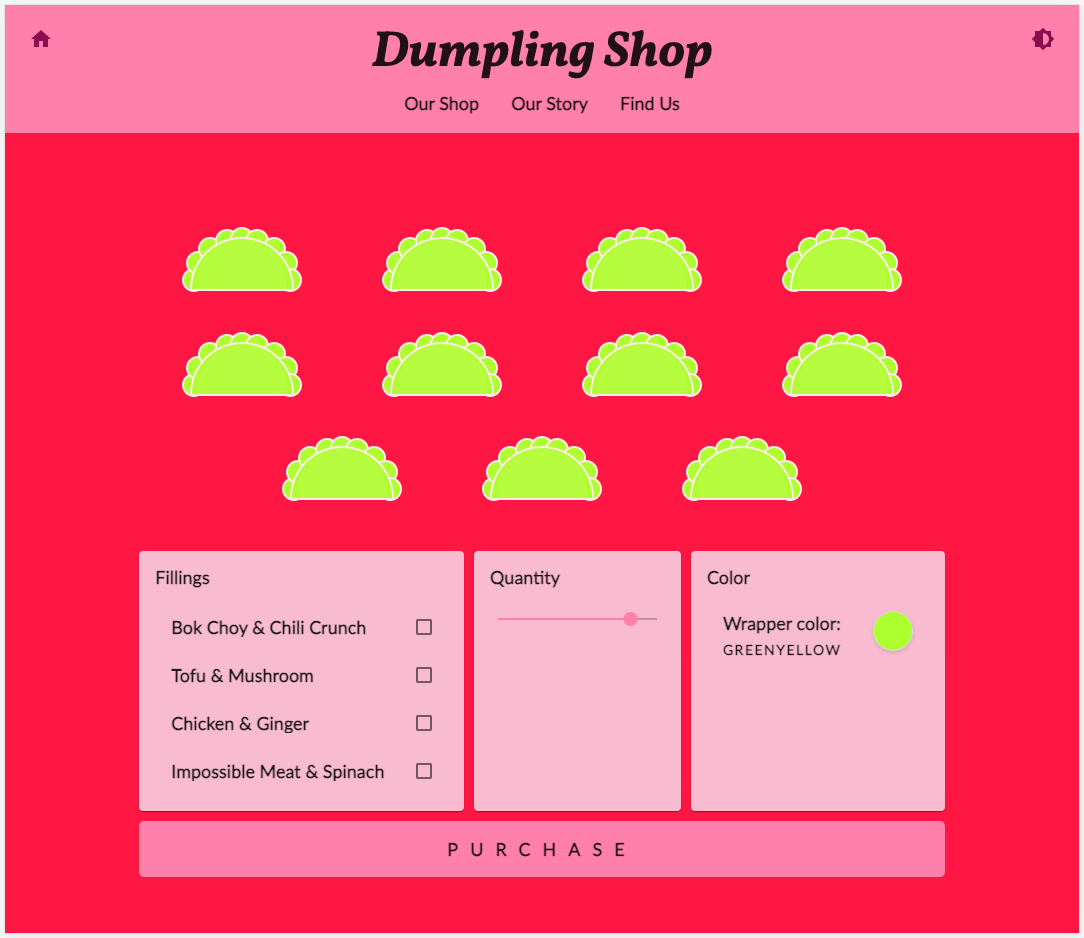 Website des Shops von Dumpling Time in rosa und rotem Design