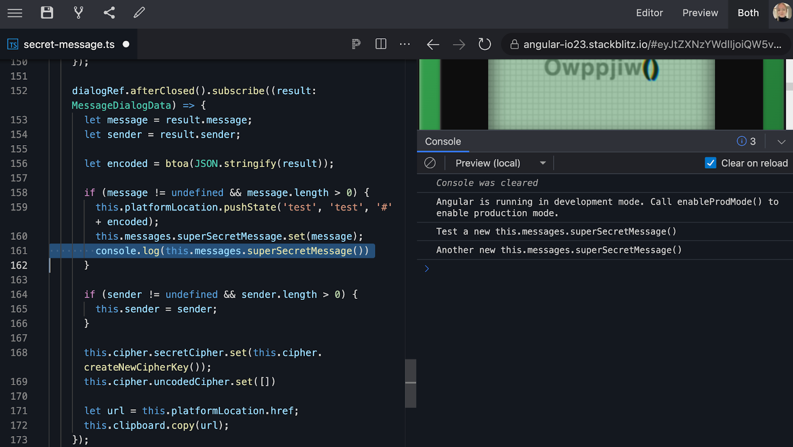 Stackblitz com uma mensagem console.log() mostrando o superSecretMessage registrando corretamente a nova mensagem.