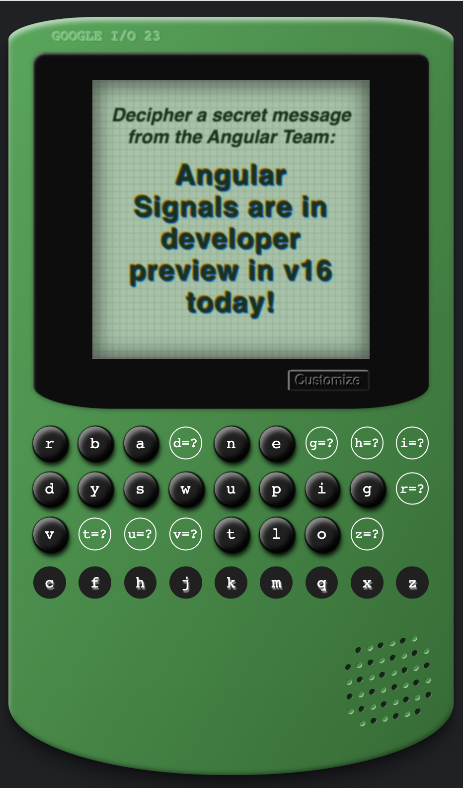 Jogo do Angular Cypher resolvido com uma mensagem oculta na tela de "Angular Signals are in developer preview in v16 today!"