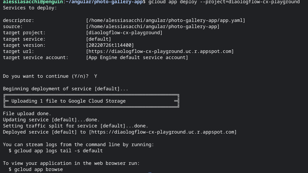 Output della console di gcloud app deploy e inserimento di gcloud app browse