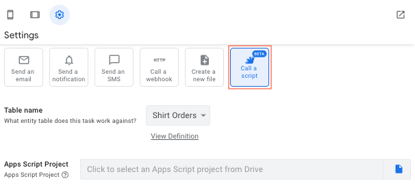 Selecionar o tipo de tarefa &quot;Chamar um script&quot; nas configurações de automação.