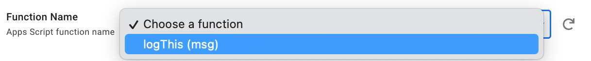 Selecting the Apps Script function 'logThis()' in the dropdown.