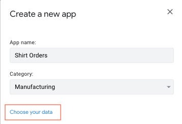 Memilih &#39;Pilih data Anda&#39; di dialog pembuatan aplikasi baru.