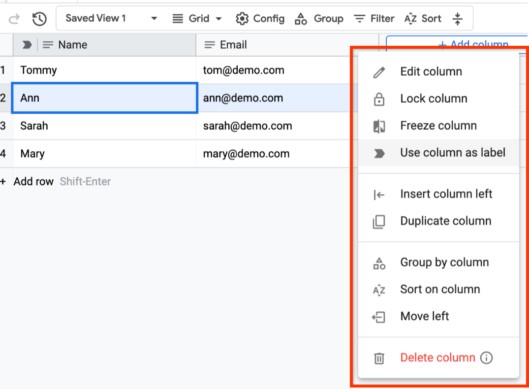 Menu kontekstual kolom muncul dengan opsi 'Use column as label' dipilih.