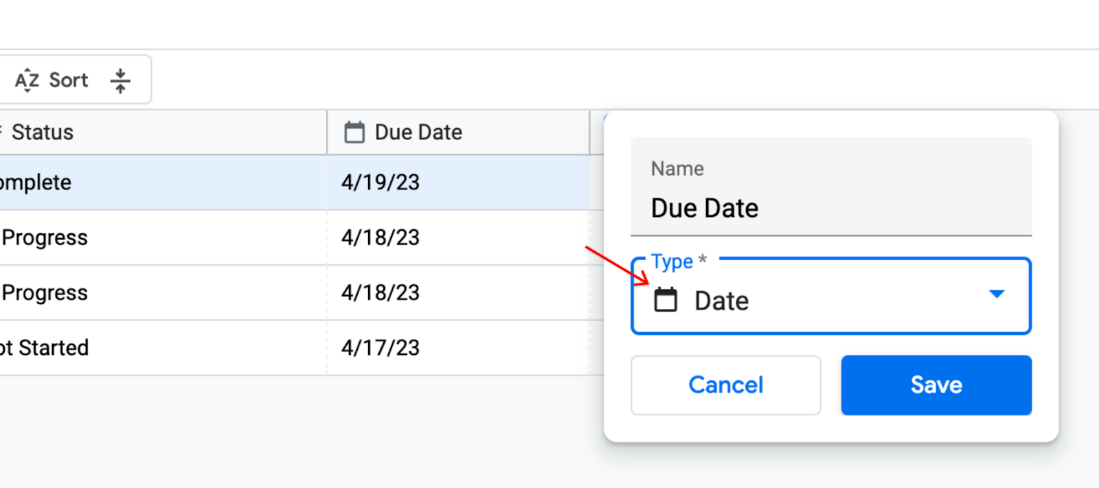 在 ASDB 編輯器中，將工作表的「Due Date」欄類型變更為「Date」。