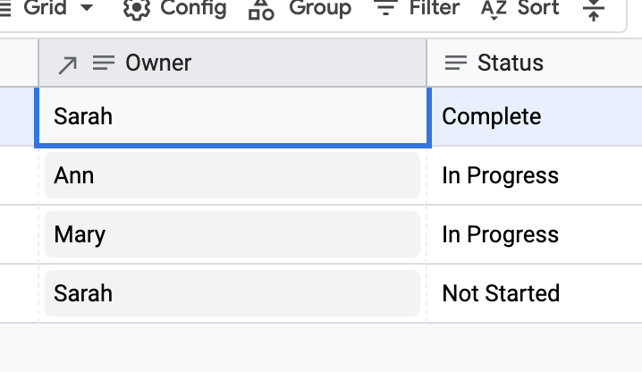 Setelah memilih Owner yang berbeda, nama Owner, Sarah, akan muncul di kolom Owner pada tabel Tasks.