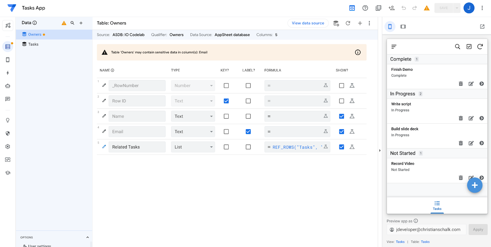 Screenshot aplikasi AppSheet tanpa error Reference.