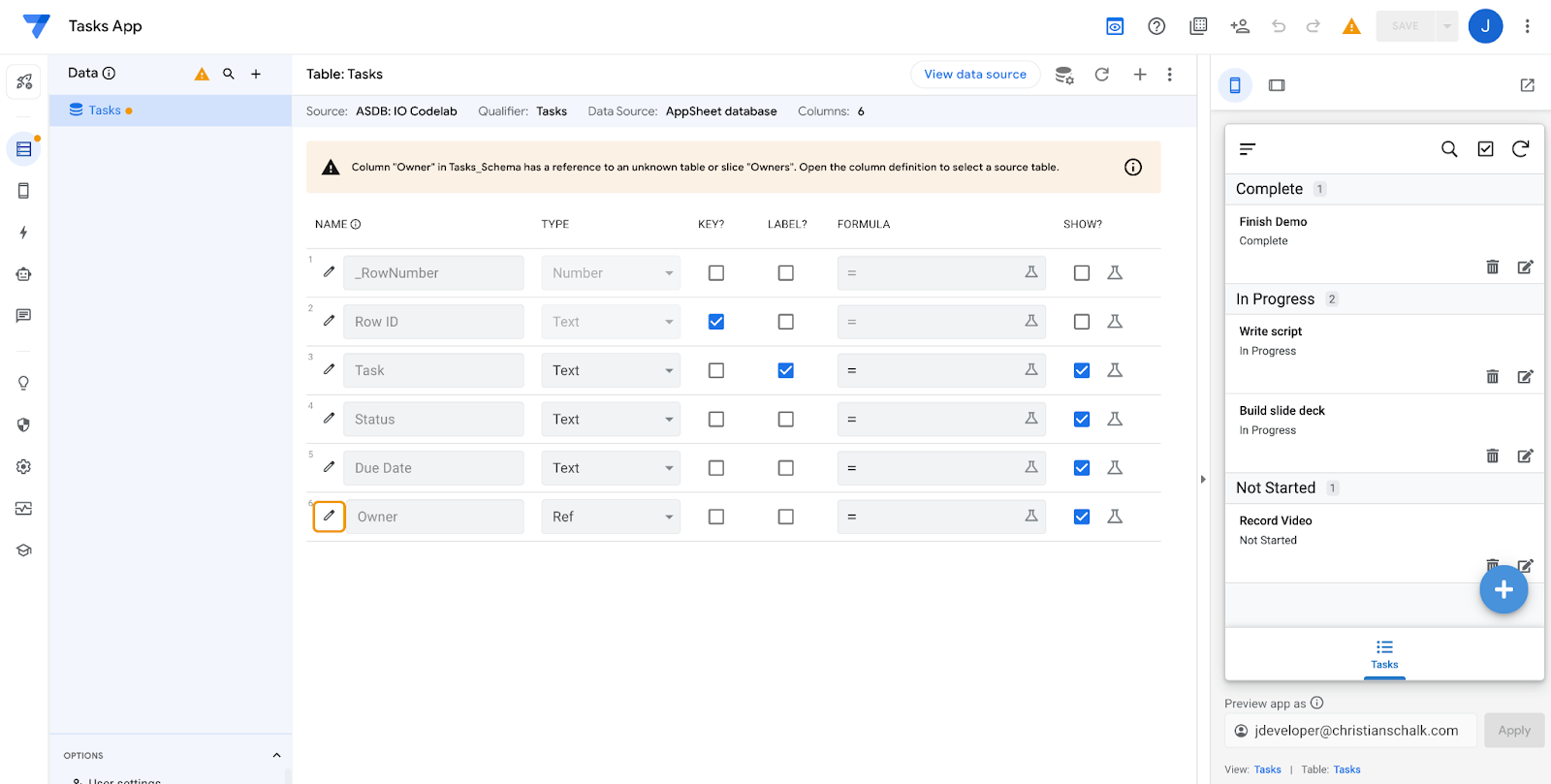 ภาพหน้าจอของแอป AppSheet ที่สร้างขึ้น