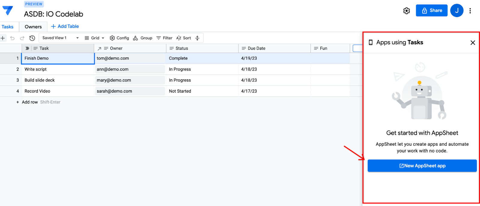 ภาพหน้าจอเดิม แต่มีกล่องโต้ตอบที่มีปุ่ม &quot;แอป AppSheet ใหม่&quot;