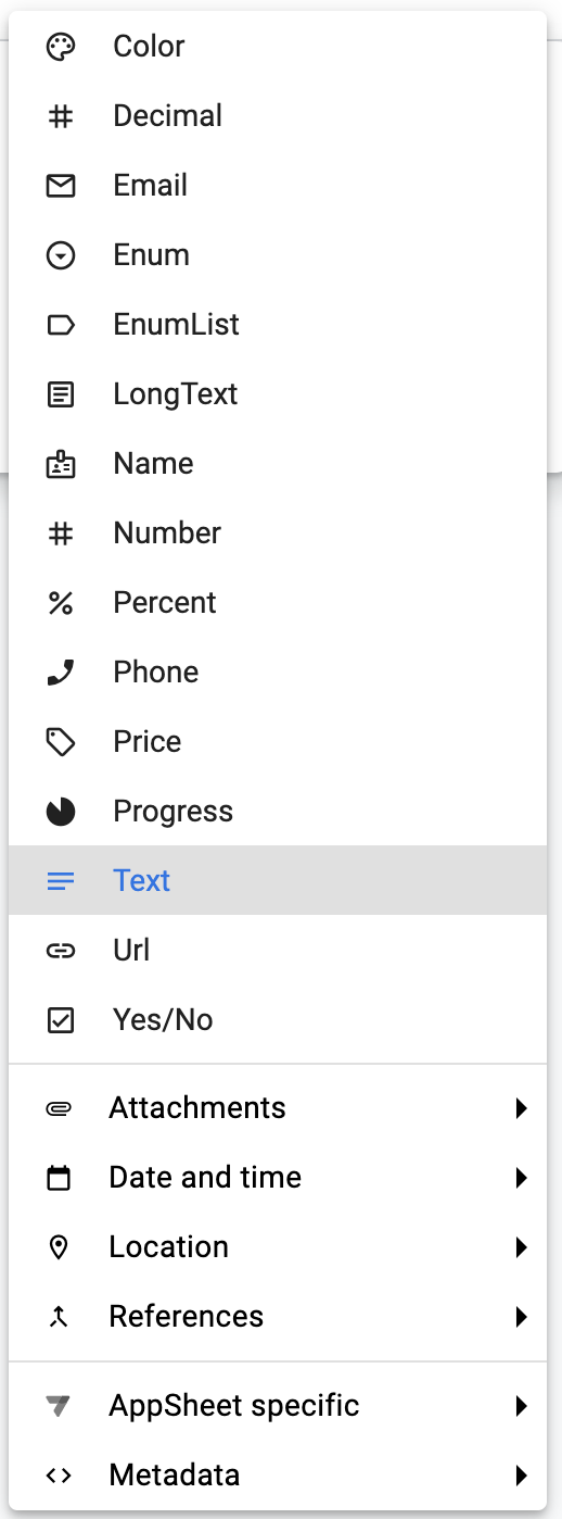 Menu contextual dos tipos de dados compatíveis com o ASDB.