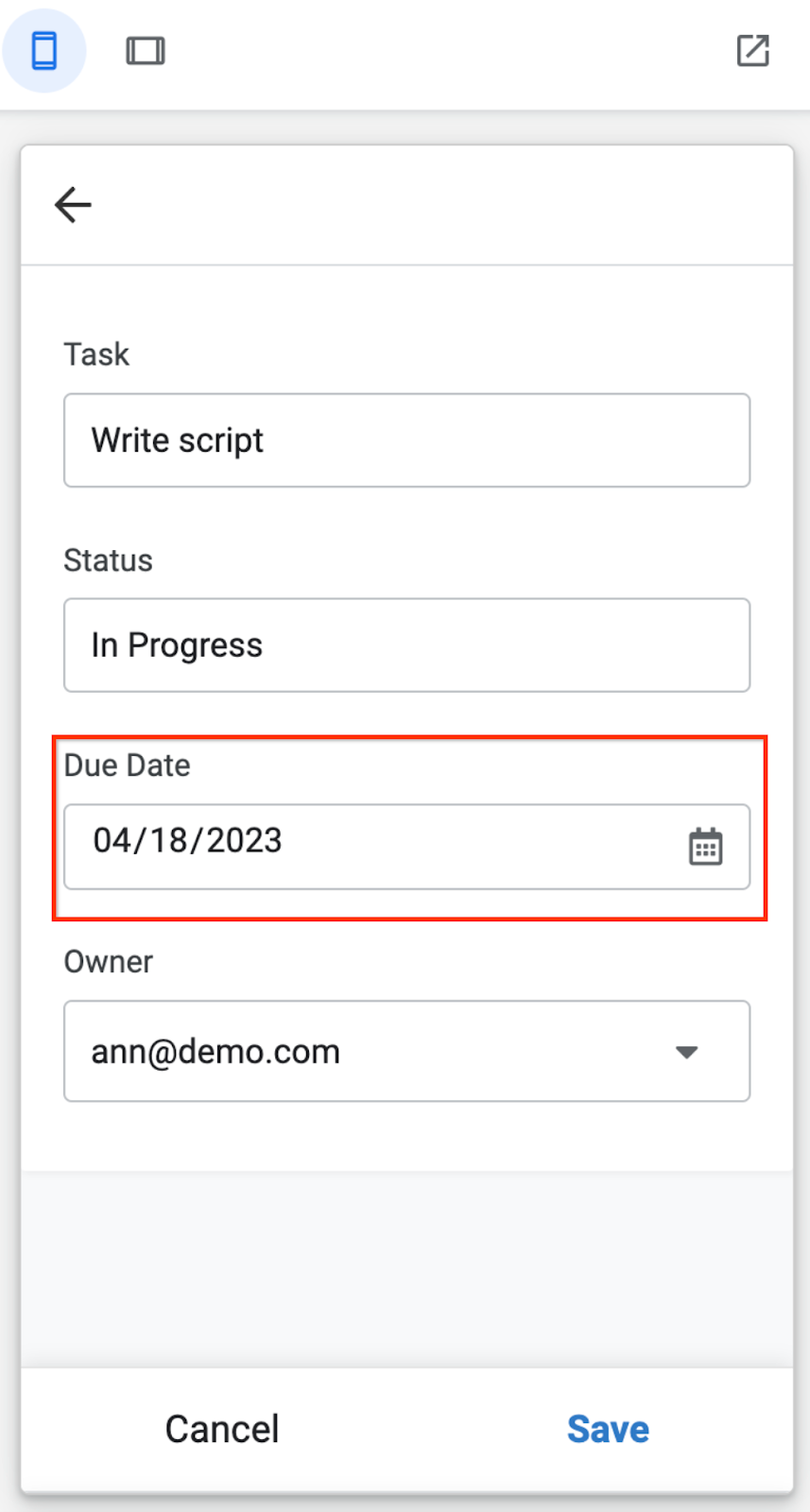 AppSheet ऐप्लिकेशन में बदलाव करने के लिए फ़ॉर्म, जिसमें DatePicker इनपुट एलिमेंट दिख रहा है.