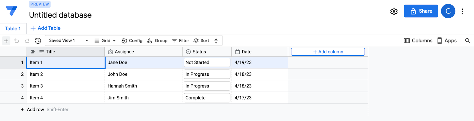 Imagem de um novo banco de dados de exemplo no editor de banco de dados do AppSheet.