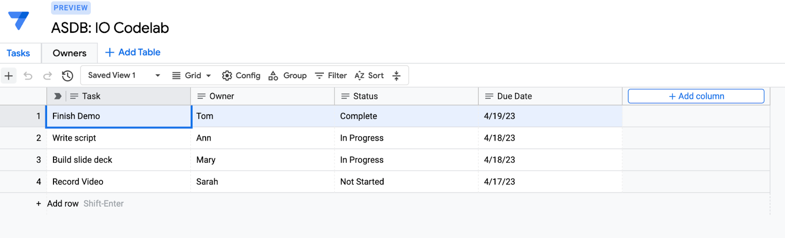 ภาพหน้าจอของฐานข้อมูล AppSheet ที่สร้างขึ้นจากชีตในเครื่องมือแก้ไขฐานข้อมูล 