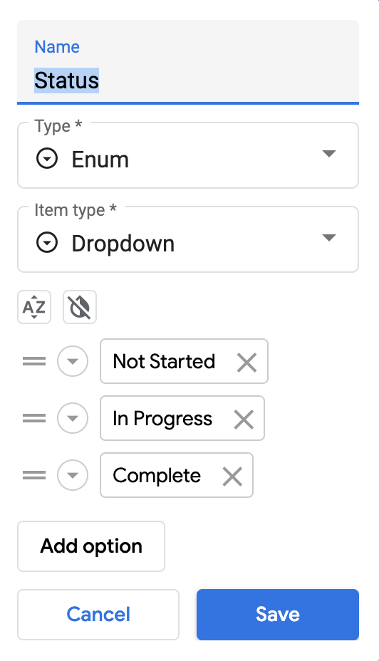 Property-Editor für die Spalte „Status“ „Typ: Aufzählung“ und „Elementtyp: Drop-down-Liste“ werden verwendet.