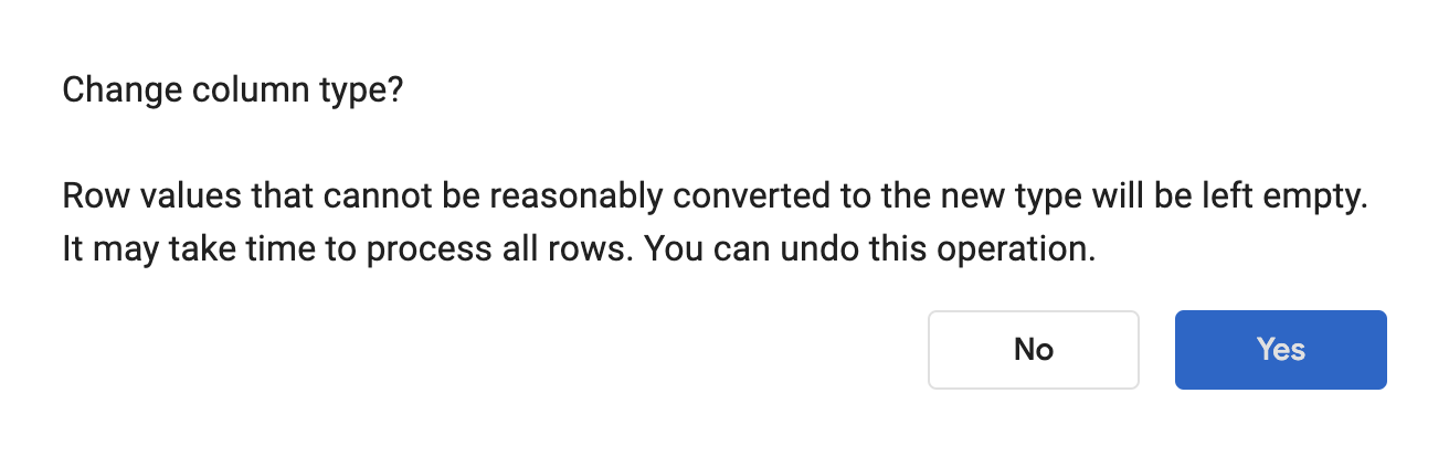 Dialog Change column type? Yes/No.