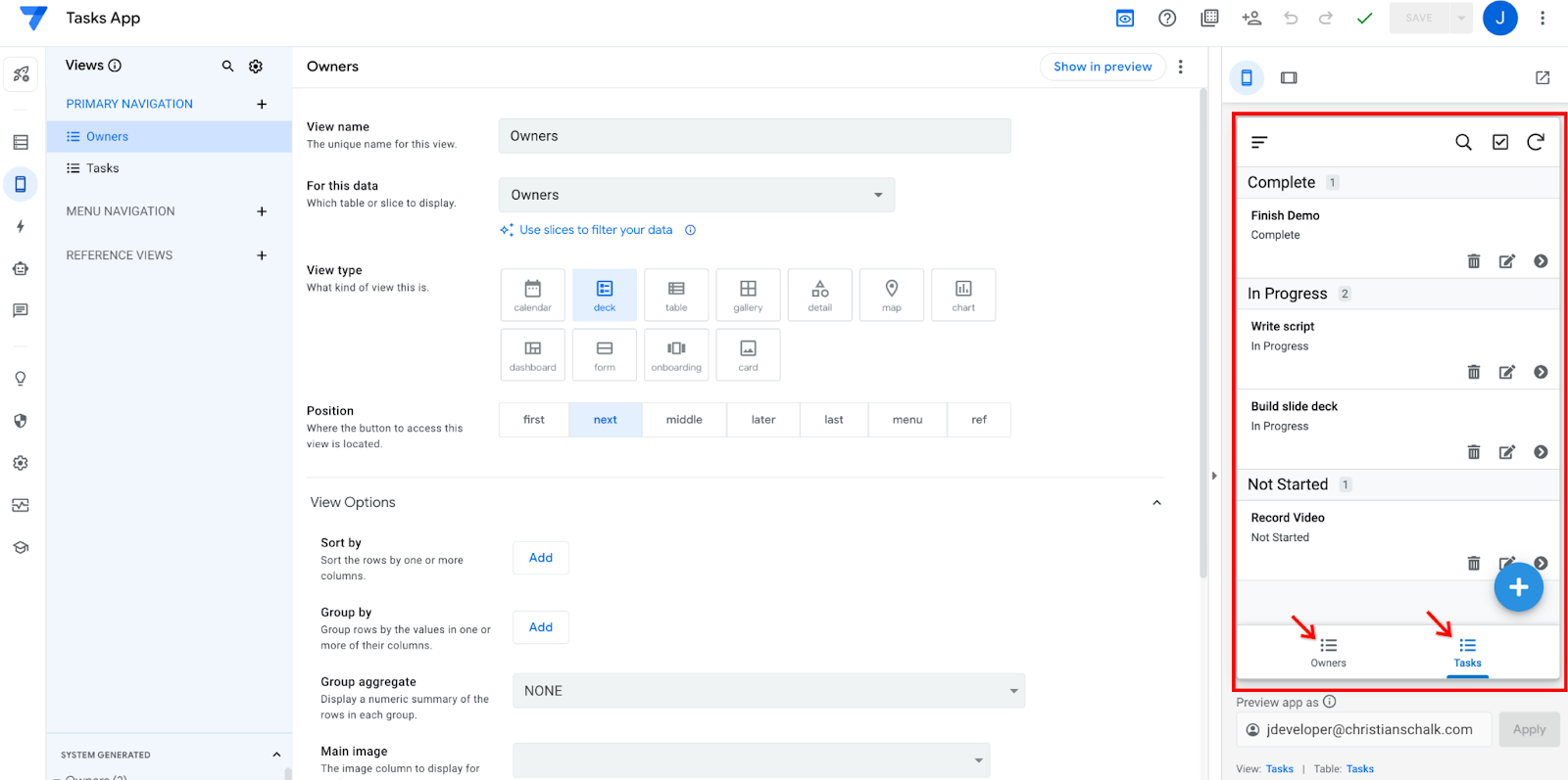 Captura de pantalla de la app de AppSheet con la vista previa de dispositivos móviles a la derecha destacada