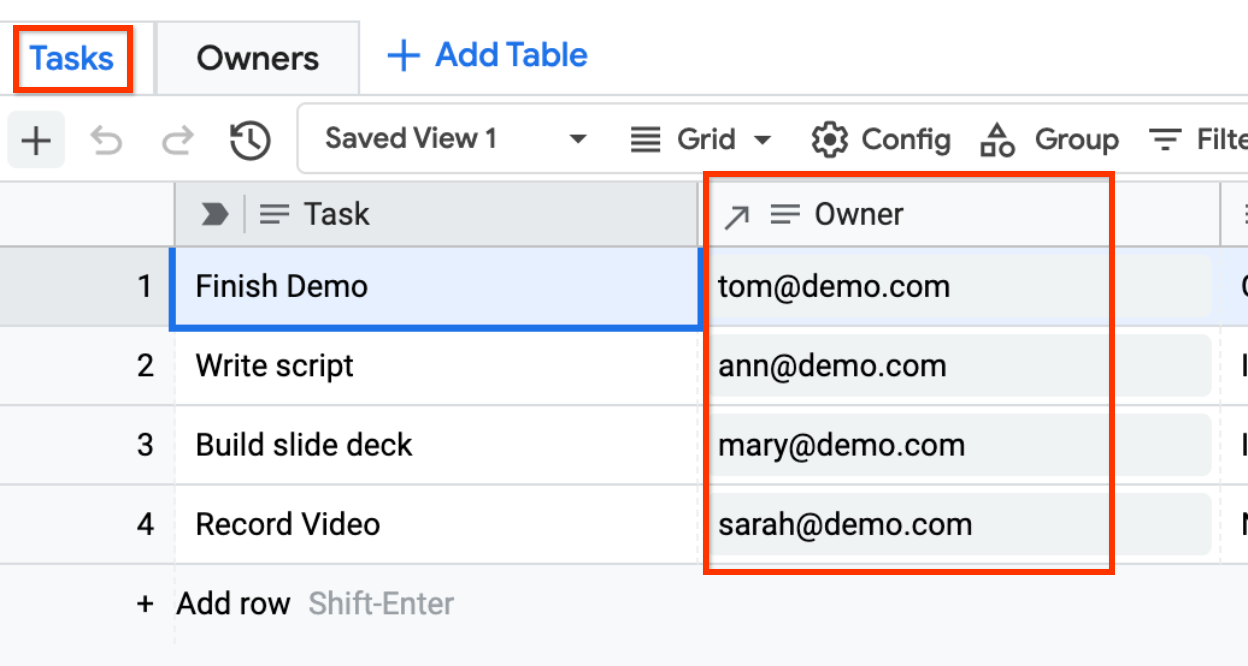 Die Spalte „Inhaber“ der Tabelle „Aufgaben“ enthält E-Mail-Adressen, da die Spalte „E-Mail“ der referenzierten Tabelle „Inhaber“ als Spaltenlabel festgelegt wurde.