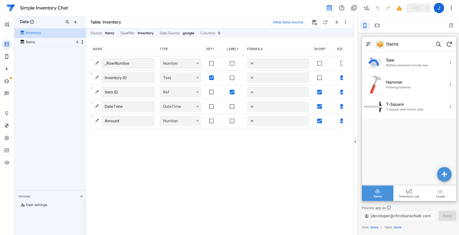 Copia del modello di app di inventario semplice nell&#39;editor di AppSheet.