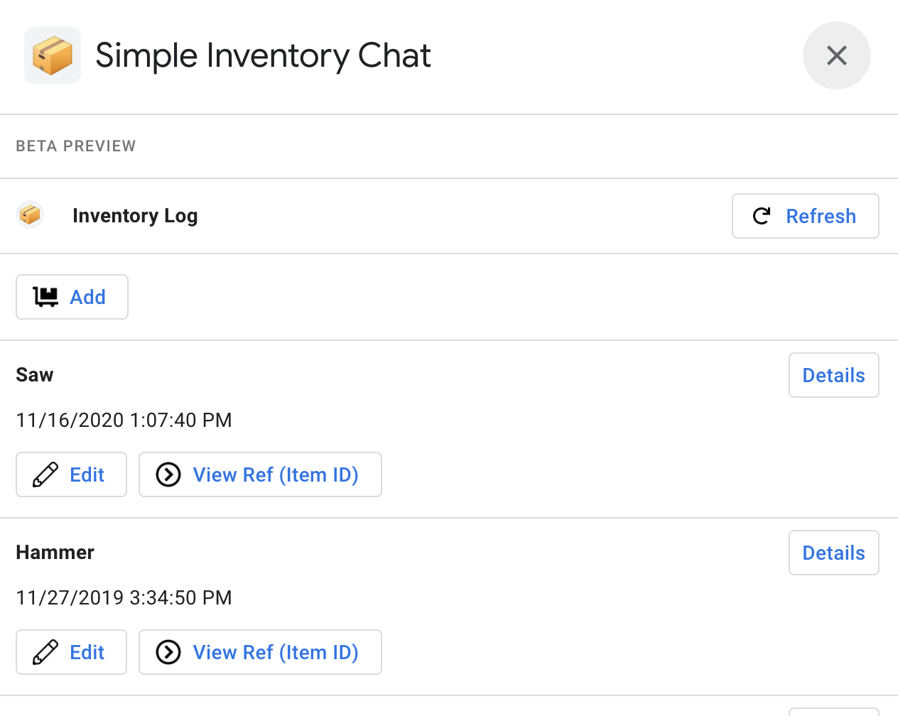 Simple Inventory Chat アプリ。