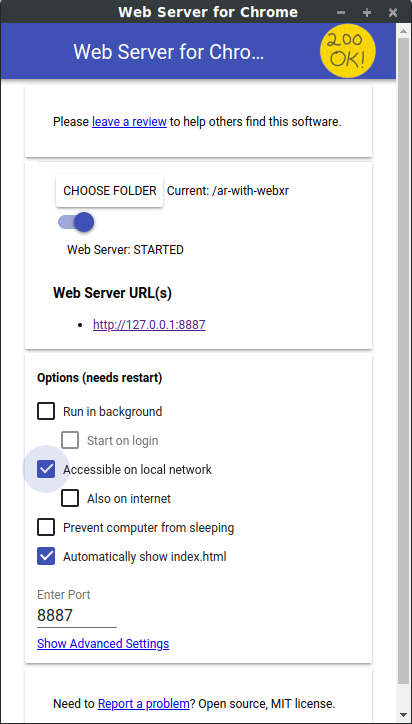 Configuración de Web Server de Chrome