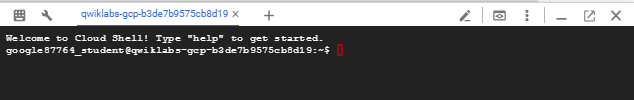Google Cloud Shell टर्मिनल का स्क्रीनशॉट. इसमें दिखाया गया है कि एनवायरमेंट कनेक्ट हो गया है