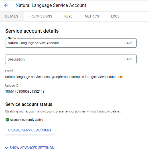 Natural Language サービス アカウントの詳細が表示された [サービス アカウントの詳細] ペイン。