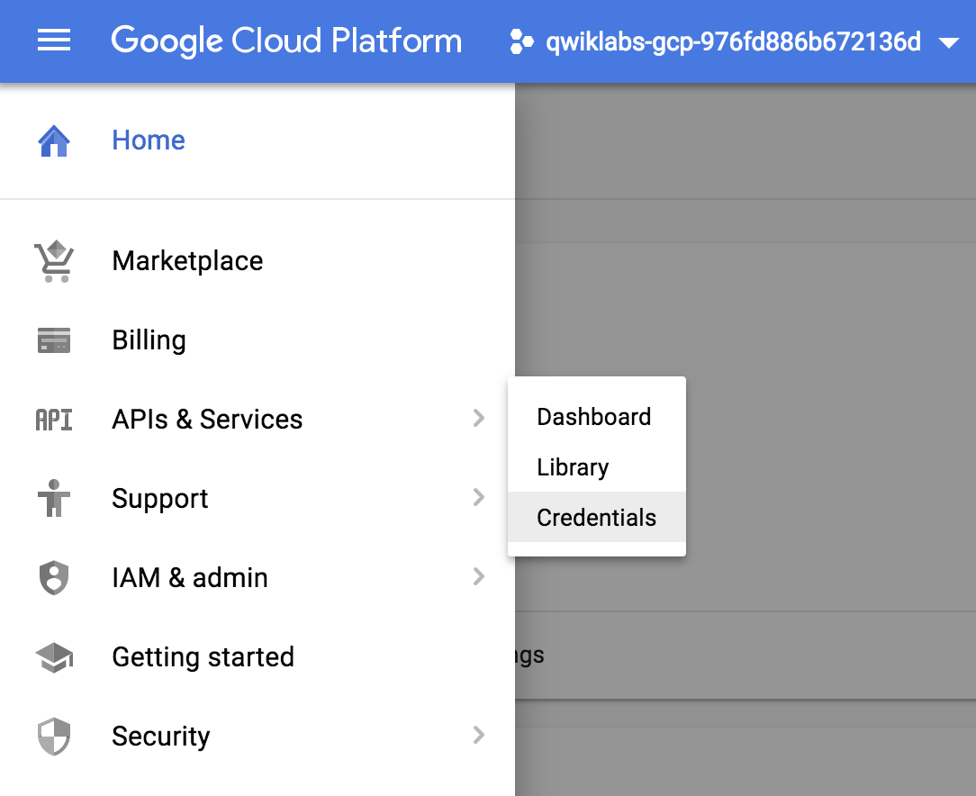 Menu de navegação mostrando APIs e Opções de Serviços e Credenciais.