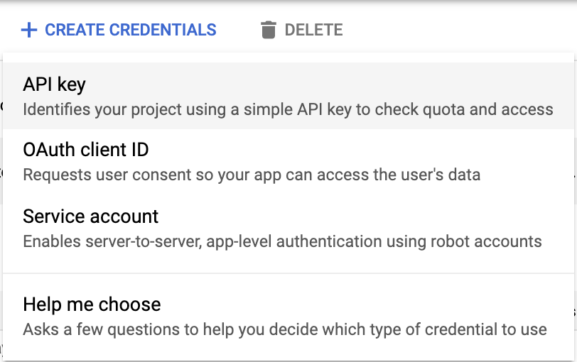 لوحة بيانات الاعتماد تعرض الخيارات &quot;إنشاء CREDENTIALS&quot; و&quot;مفتاح واجهة برمجة التطبيقات&quot;.