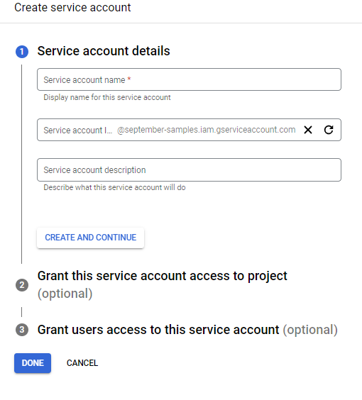 Service account details pane.