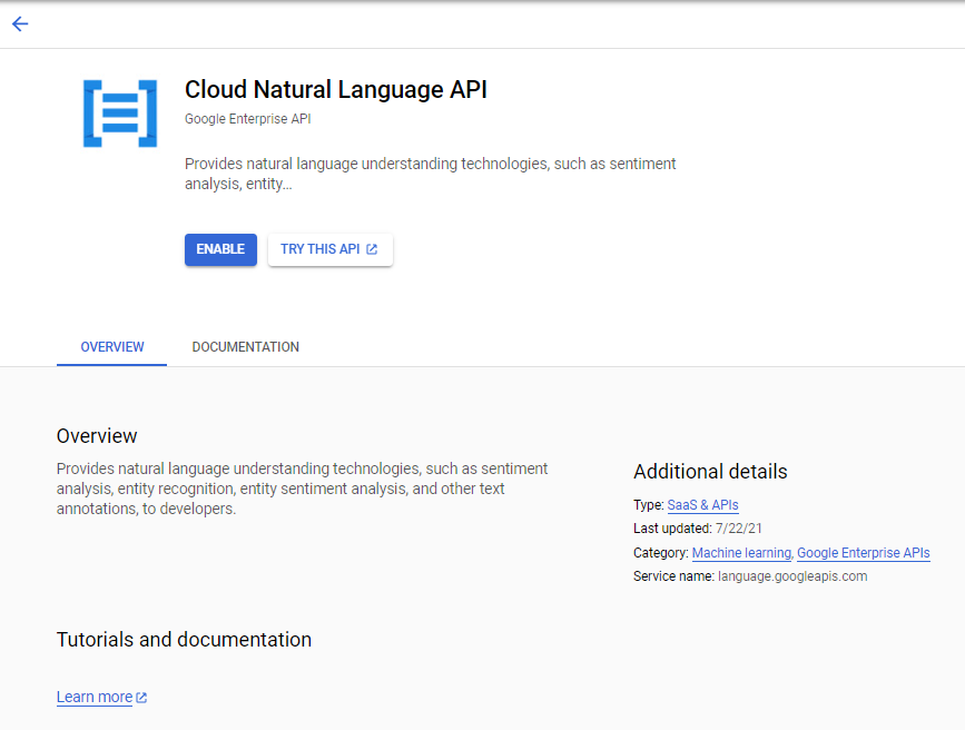 Cloud Natural Language API पैनल, जिसमें &#39;चालू करें&#39; और &#39;इस एपीआई को आज़माएं&#39; बटन दिखाए गए हैं.